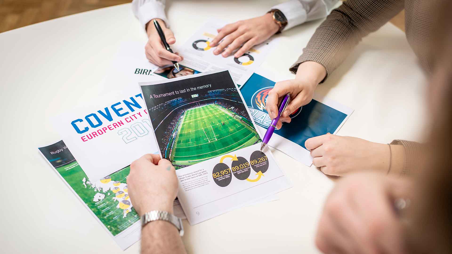 Aerial view of leaflets and brochures on a table