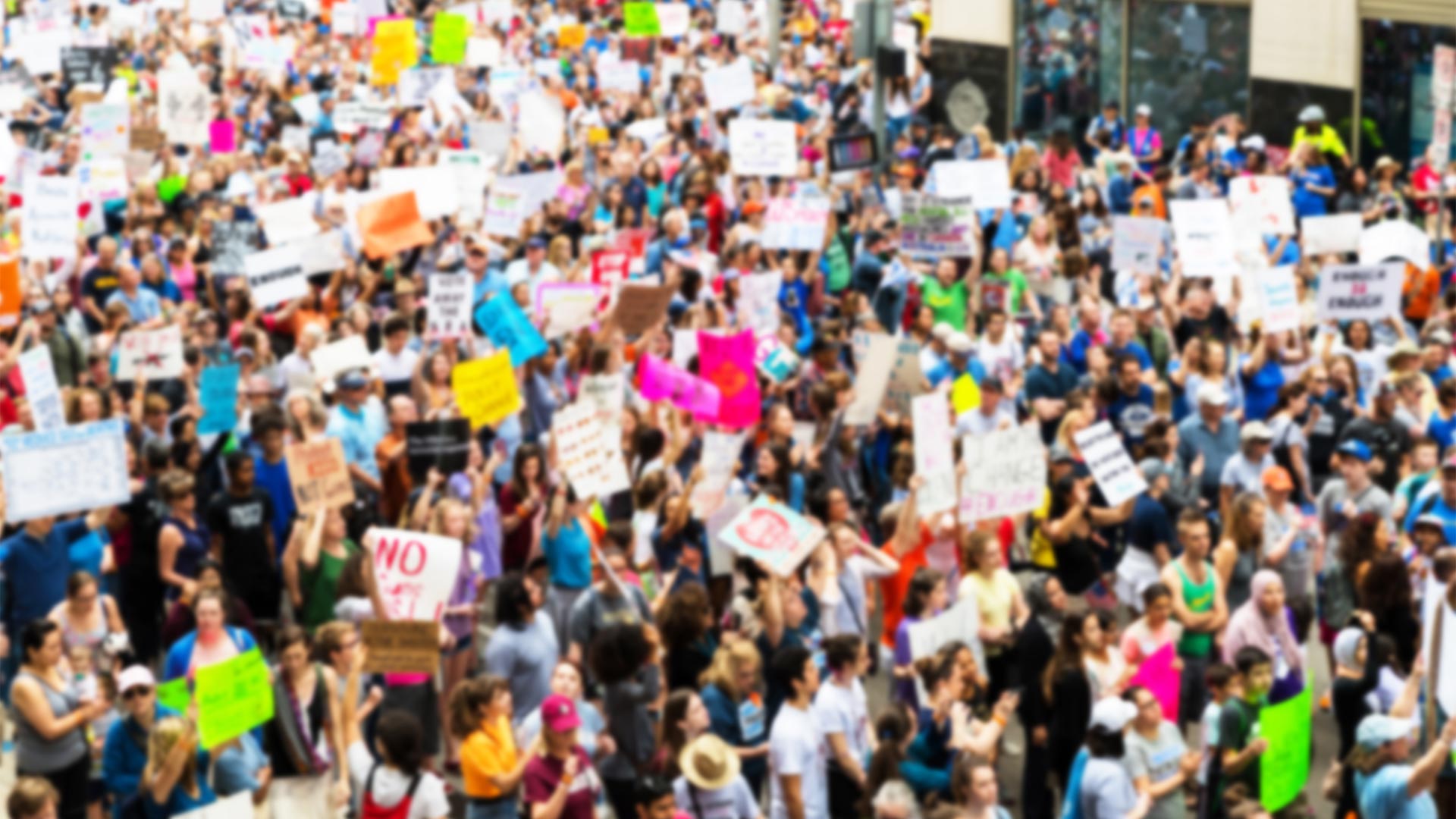 aerial view of a crowd marching holding placards 