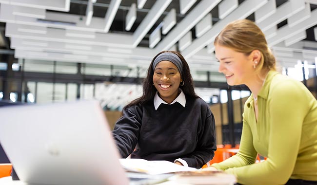 Two students sat at a desk working on a laptop