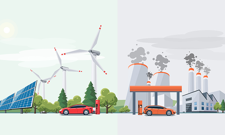 contrasting image with low carbon, electric charging on the right, and carbon use on the right