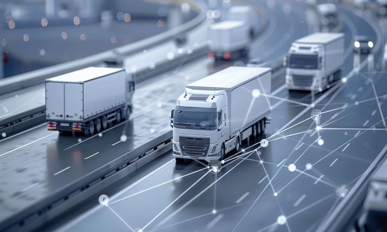 Conceptual image of trucks on a smart global network illustrating fleet management and logistics