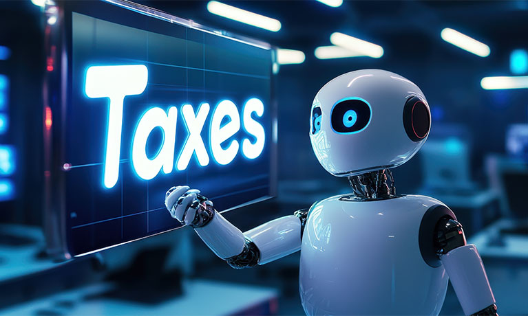 A robot pointing at the word taxes