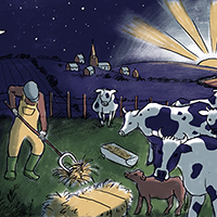 Illustration of a farmer working in a field with cows before dawn