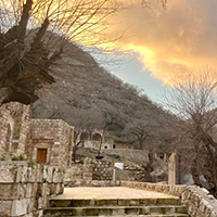 Stone buildings in a valley at Lalish, the holy place of the Yazidis