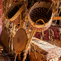 Handmade baskets hanging inside a house