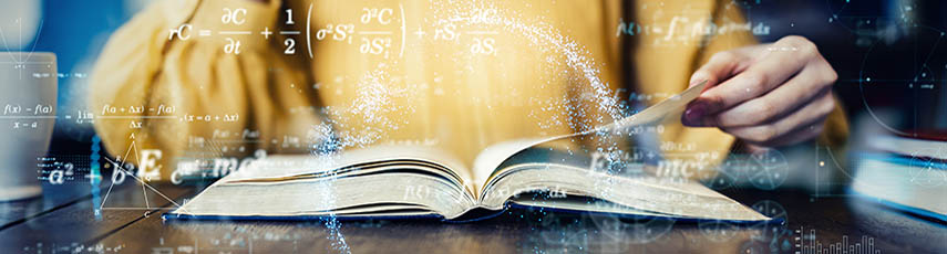 Women reading a book with STEM symbols floating around