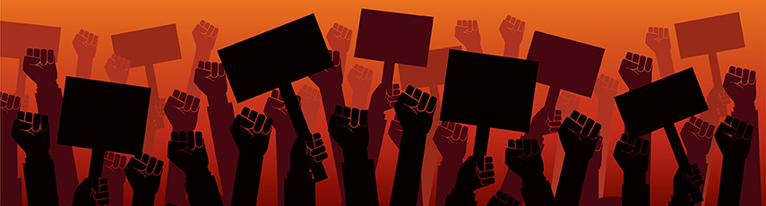 Illustration of a group of fists raised in the air with some holding placards. 