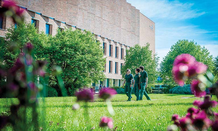 campus building with green grass and flowers in front with three people walking on the grass