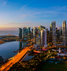 Skyline view of Singapore at night.