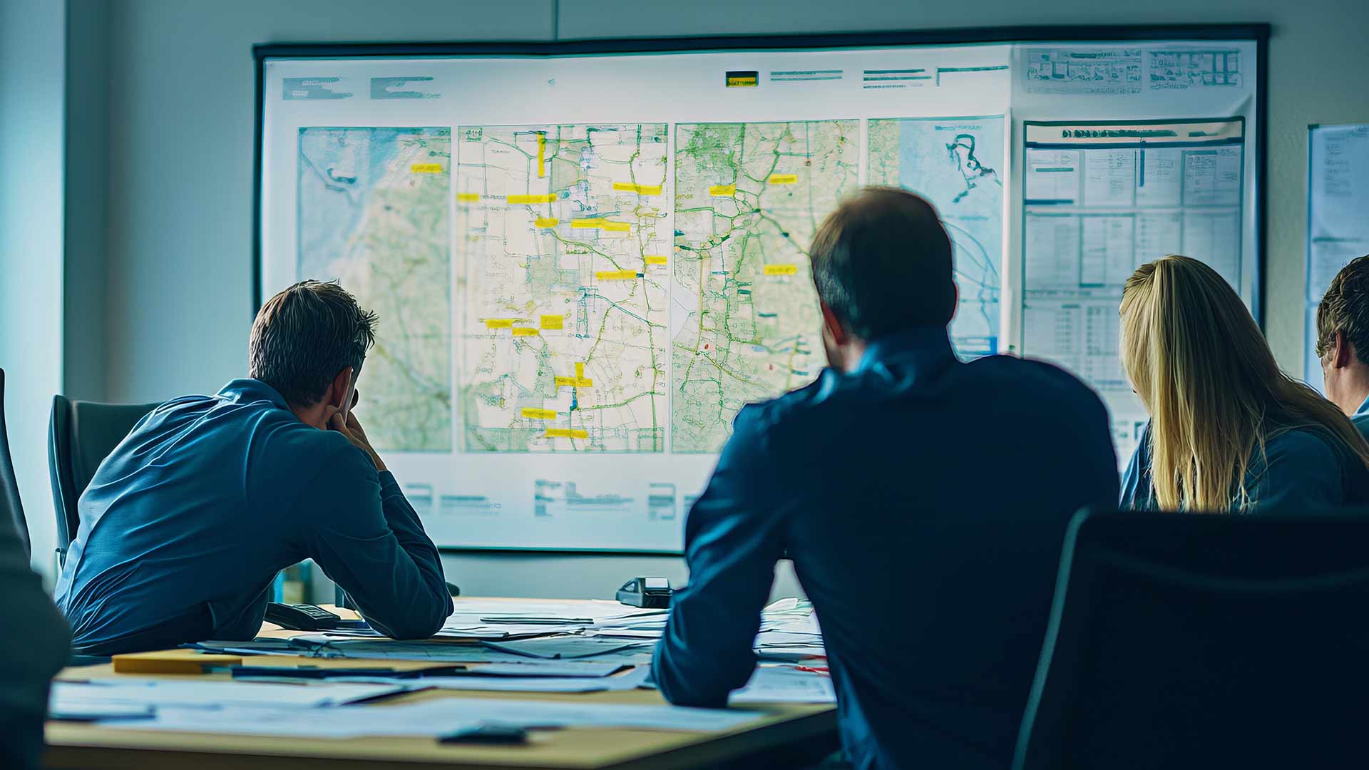 A small group of people in a conference room studying a map on a large screen