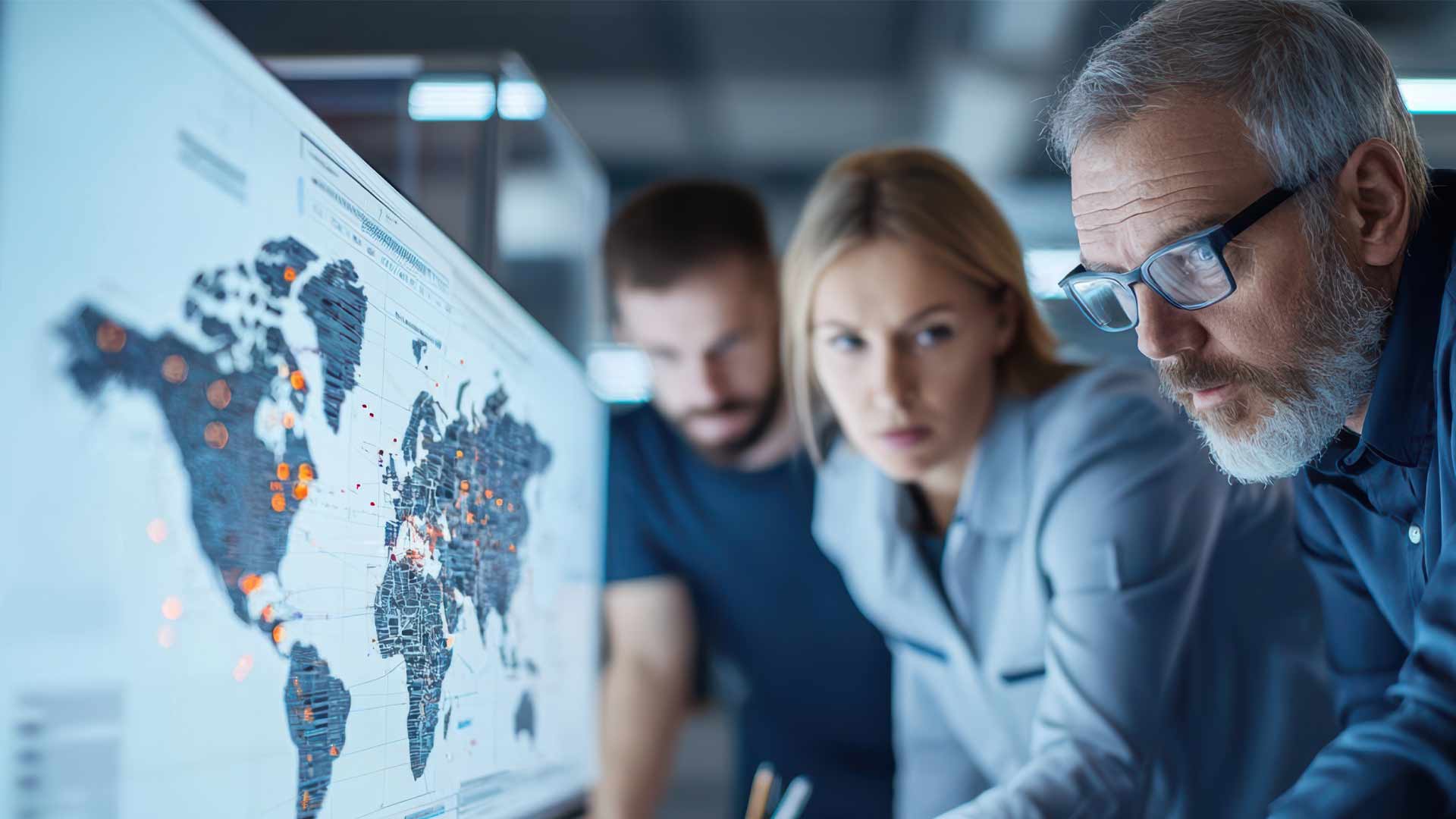 Close up of a man and woman looking at a screen showing map of the world 