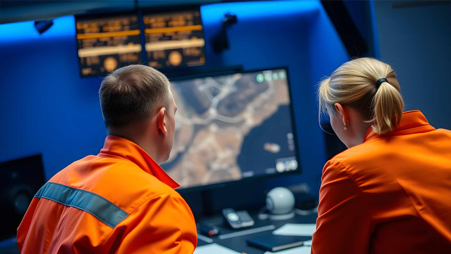 two emergency workers wearing orange suits looking at a screen 