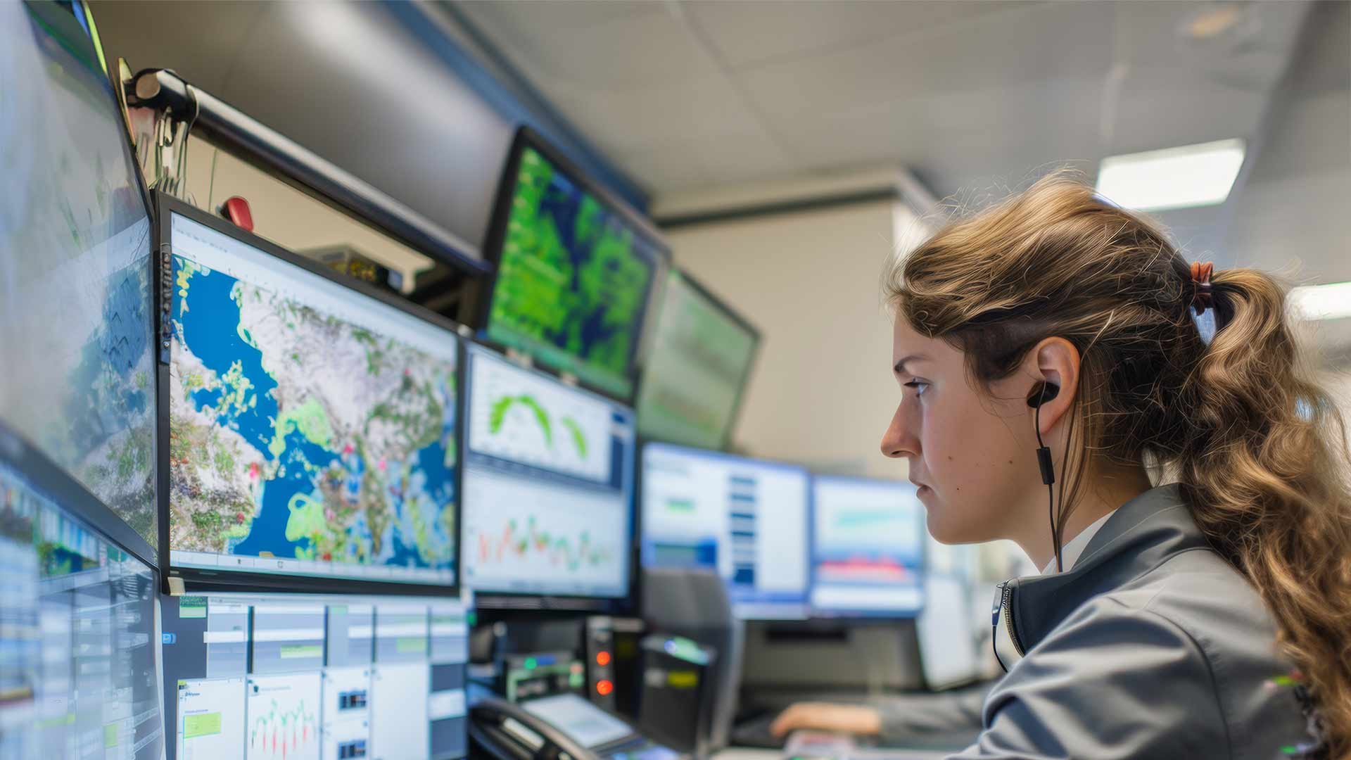 Young woman looking at numerous monitors