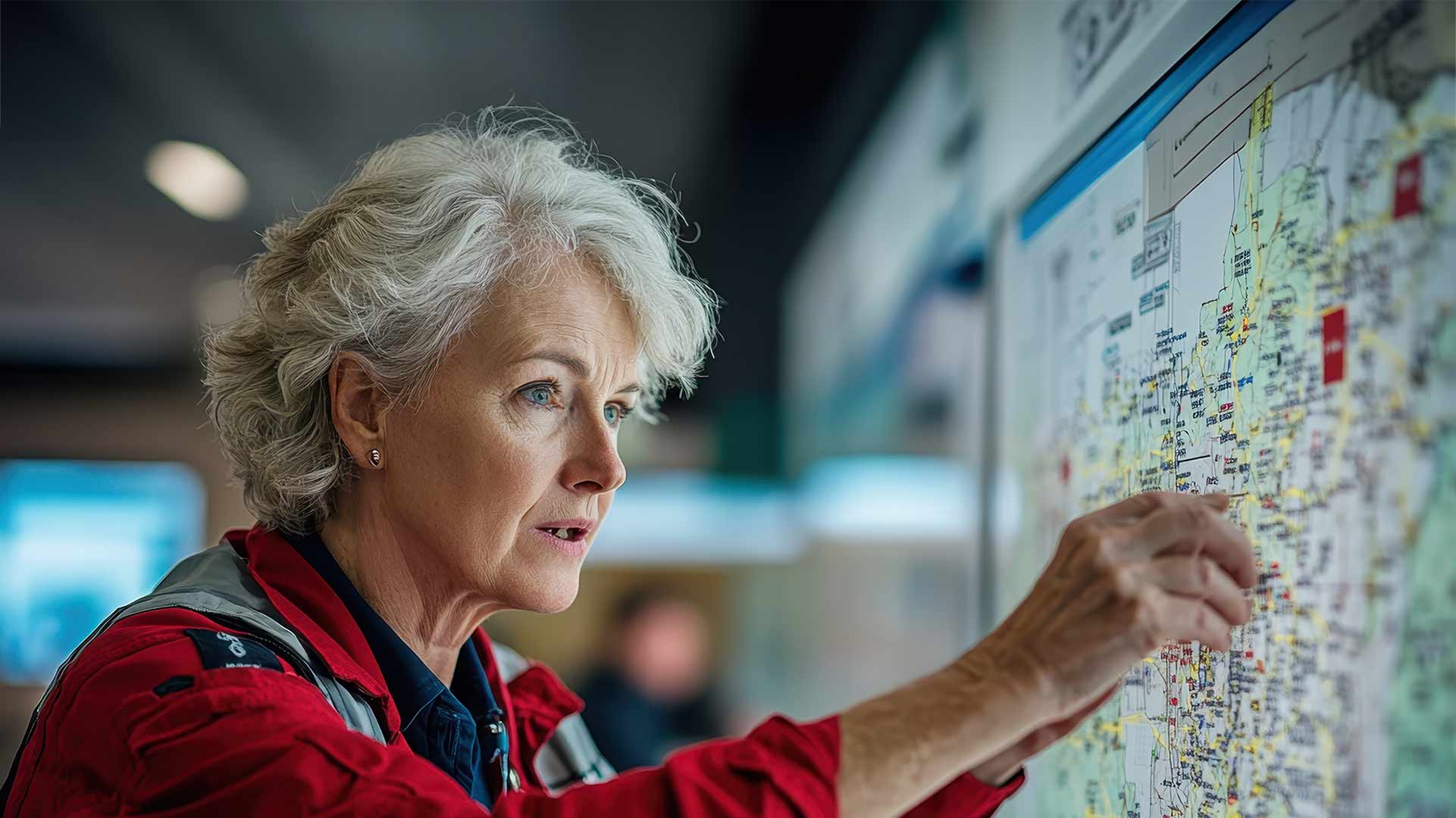 Woman with grey hair wearing a red jacket studying a map on a screen 