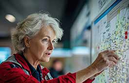 Woman with grey hair wearing a red jacket studying a map on a screen 