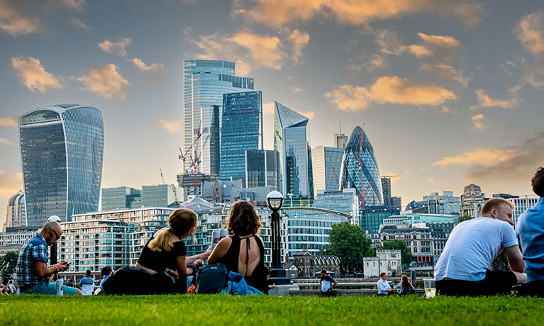 People sitting on grass looking at the london skyline