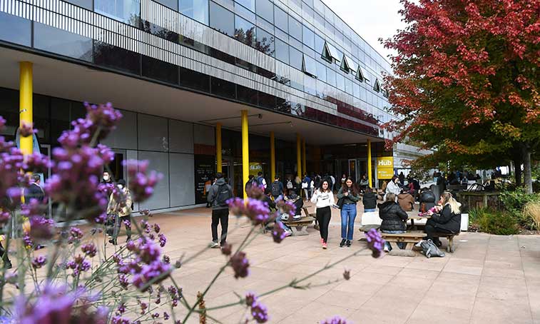 students walking past the hub with a blossom tree in the corner